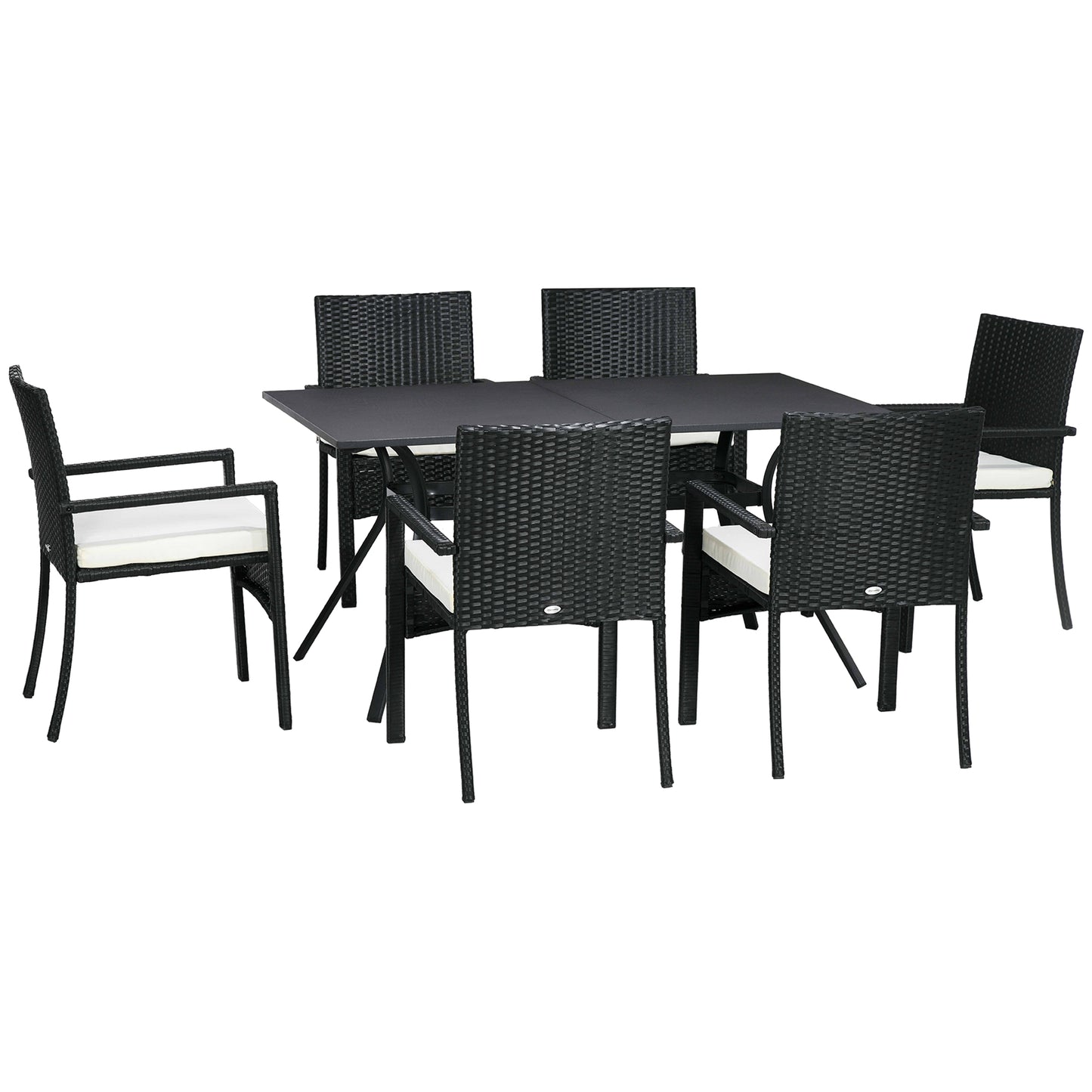 Set Grădină 7 Piese din Ratan PE cu Masă de 150x90x72 cm și 6 Scaune de 58x62x87 cm cu Perne