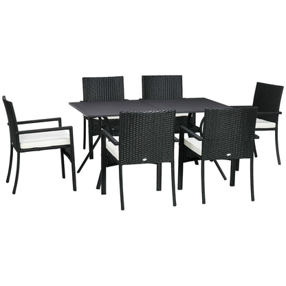 Set Grădină 7 Piese din Ratan PE cu Masă de 150x90x72 cm și 6 Scaune de 58x62x87 cm cu Perne