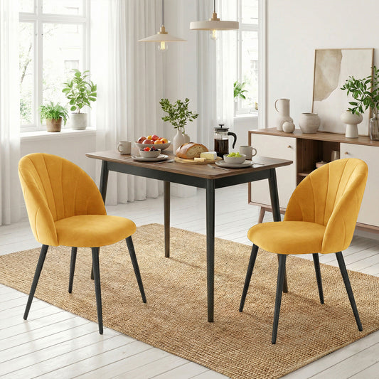 Set 2 Scaune de Dining Tapițate cu Spătar în Formă de Scoică din Catifea, 52x55x79 cm, Galben