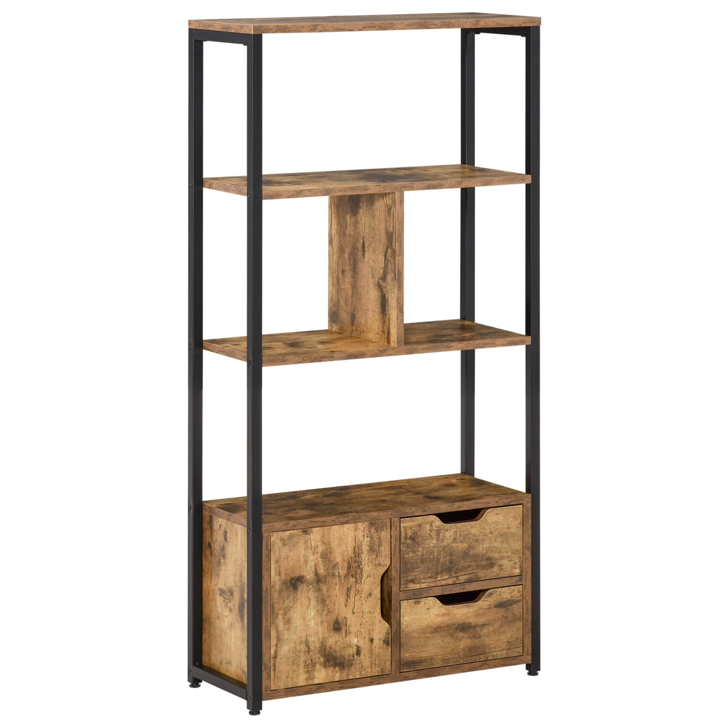 Bibliotecă cu 3 Rafturi, Dulap și 2 Sertare, din PAL și Metal, 58x24x122 cm