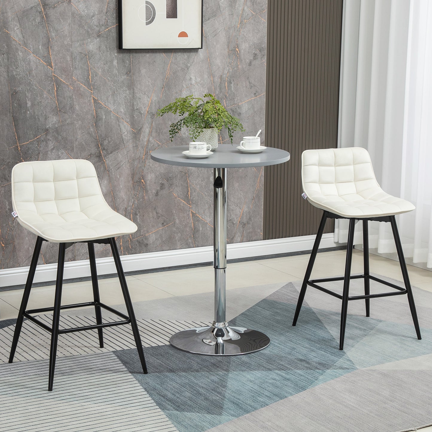 Set de 2 scaune de bar cu spatar si suport pentru picioare, scaune inalte tapitate in stil nordic din metal si catifea, alb-crem, 45x47x84 cm