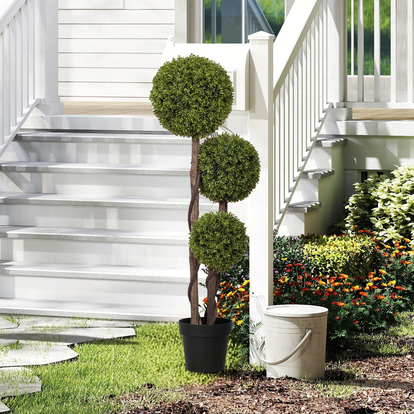 Plantă Artificială de Buxus cu 3 Sfere, Ghiveci Inclus și Bază Întărită, Ø19,5x115 cm, Verde