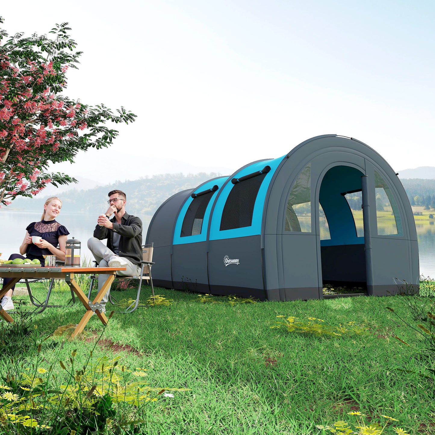 Cort de Camping pentru 3 Persoane, Impermeabil, cu Zonă de Dormit și Zonă de Zi, din Poliester, 480x260x200 cm, Gri și Albastru
