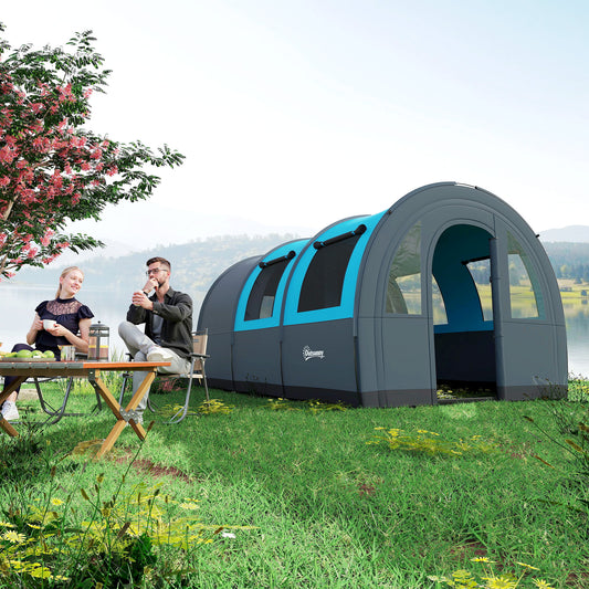Cort de Camping pentru 3 Persoane, Impermeabil, cu Zonă de Dormit și Zonă de Zi, din Poliester, 480x260x200 cm, Gri și Albastru