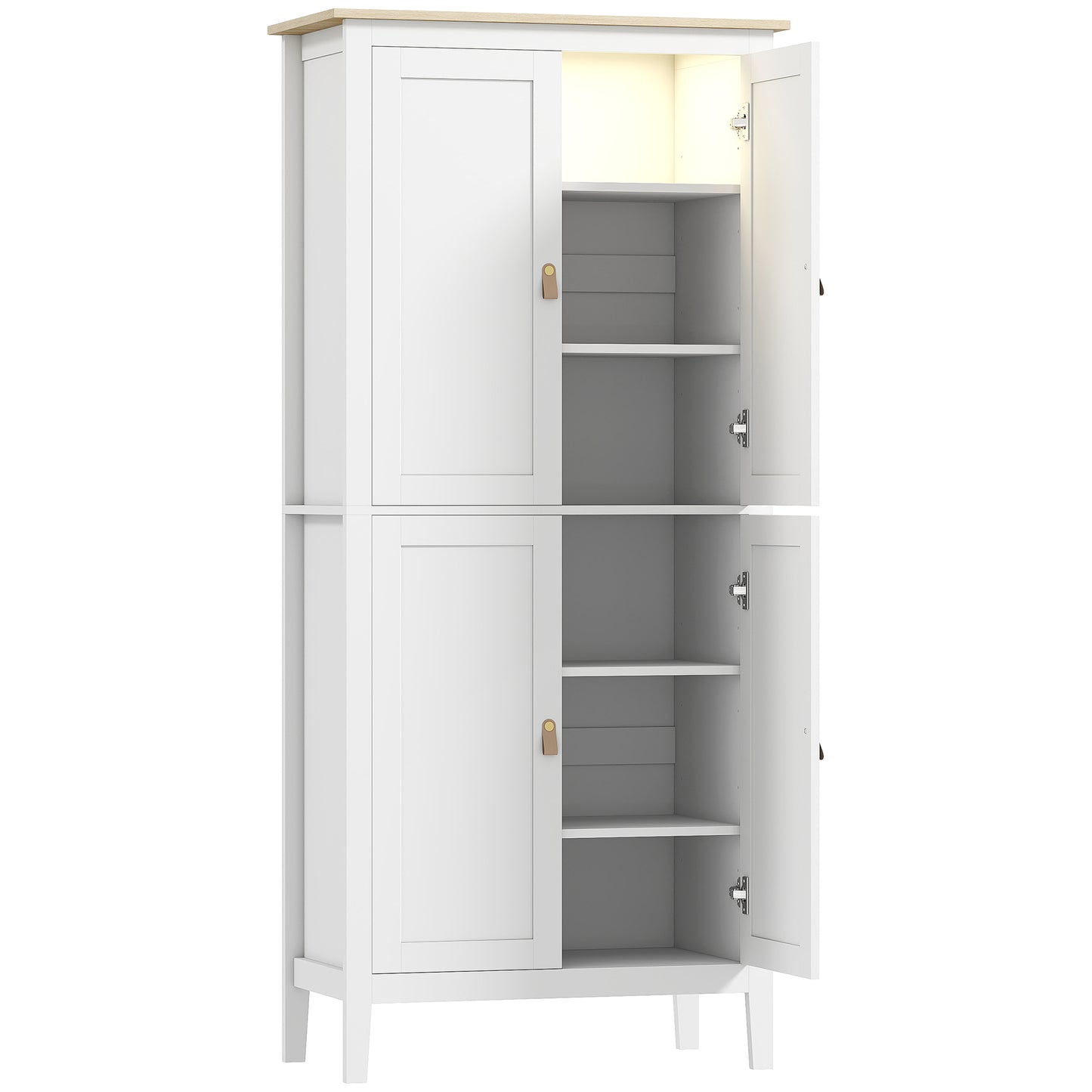 Bufet Înalt de Bucătărie 177 cm, Dulap cu Lumină LED, Reglabil în 3 Culori, Rafturi Ajustabile, Alb