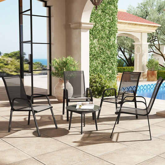Set 6 Piese Scaune de Gradina cu Cotiere, Scaune de Exterior Stivuibile din Metal si Tesatura Respirabila, Maro