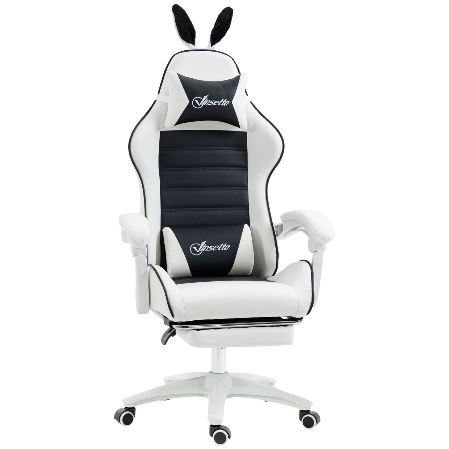 Scaun Gaming cu Urechi de Iepuraș, Suport pentru Picioare, Perne, Reclinabil și cu Înălțime Reglabilă, Negru