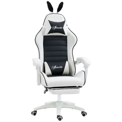 Scaun Gaming cu Urechi de Iepuraș, Suport pentru Picioare, Perne, Reclinabil și cu Înălțime Reglabilă, Negru