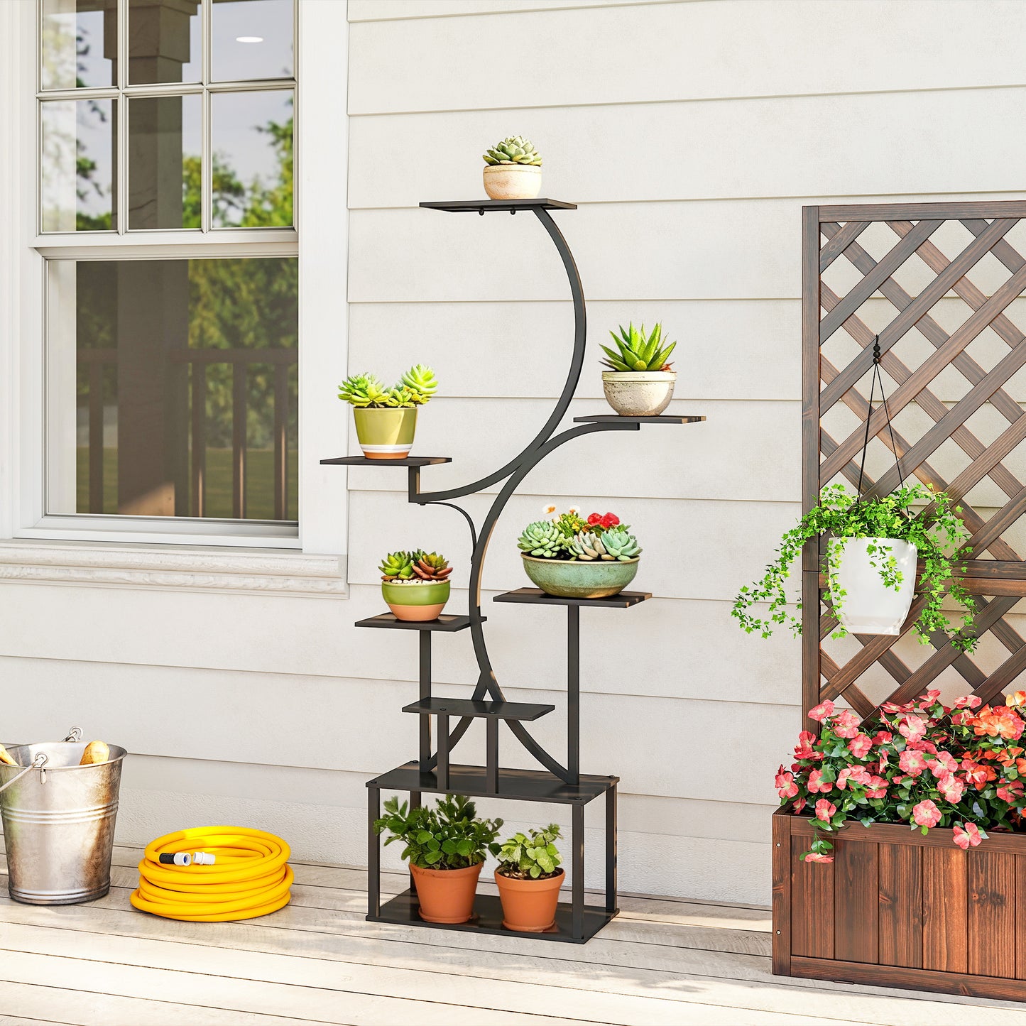 Suport pentru Plante cu 8 Niveluri în Formă de S, Suport Ghivece din Metal pentru Interior și Exterior, pentru Grădină, Balcon, Terasă, Cameră de Zi, 74x26x158.5 cm, Negru