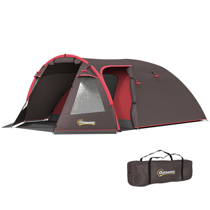 Cort de Camping  de 2-4 Persoane cu Camere Separate, Impermeabil cu Uși Duble, Gri