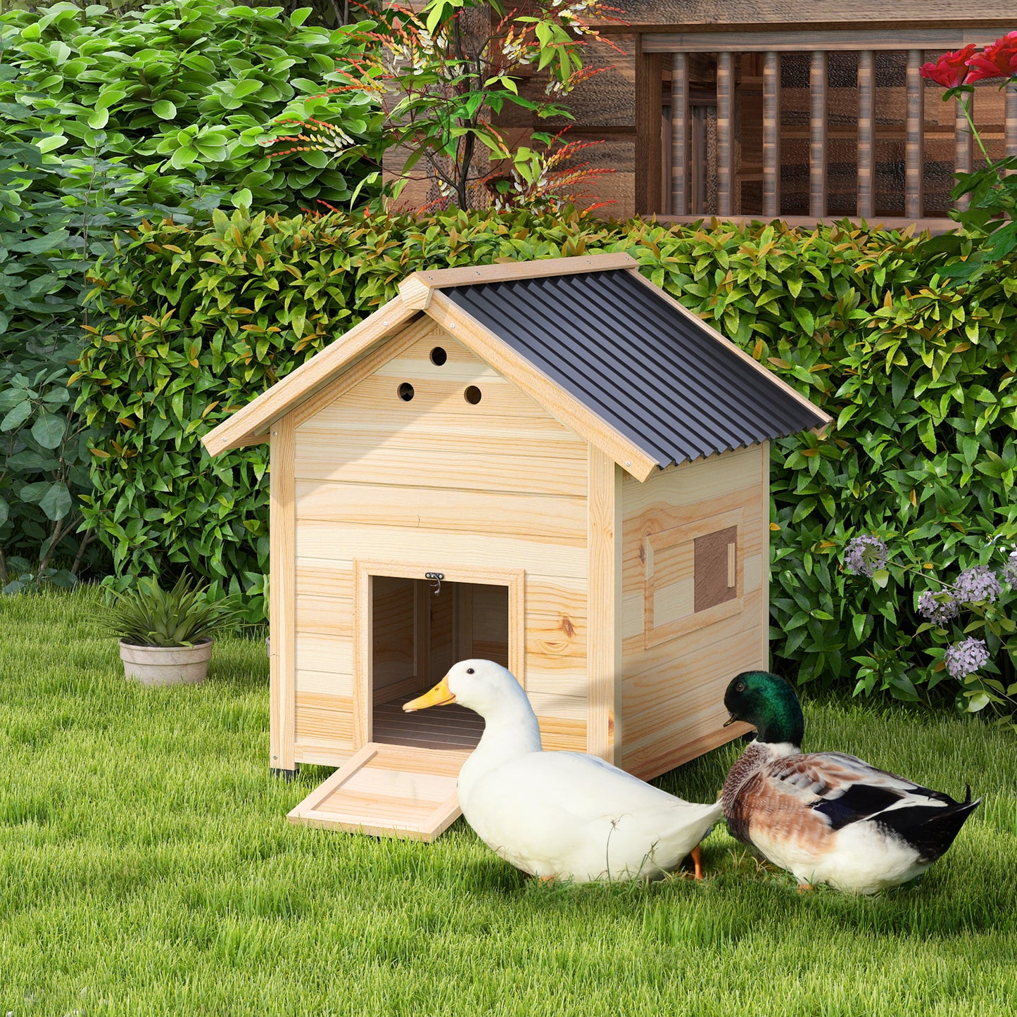 Căsuță pentru Rațe de Exterior, Căsuță cu Rampă, Bază Detașabilă, Acoperiș Inclinat și Orificii de Ventilație, 78x90x92 cm, Lemn