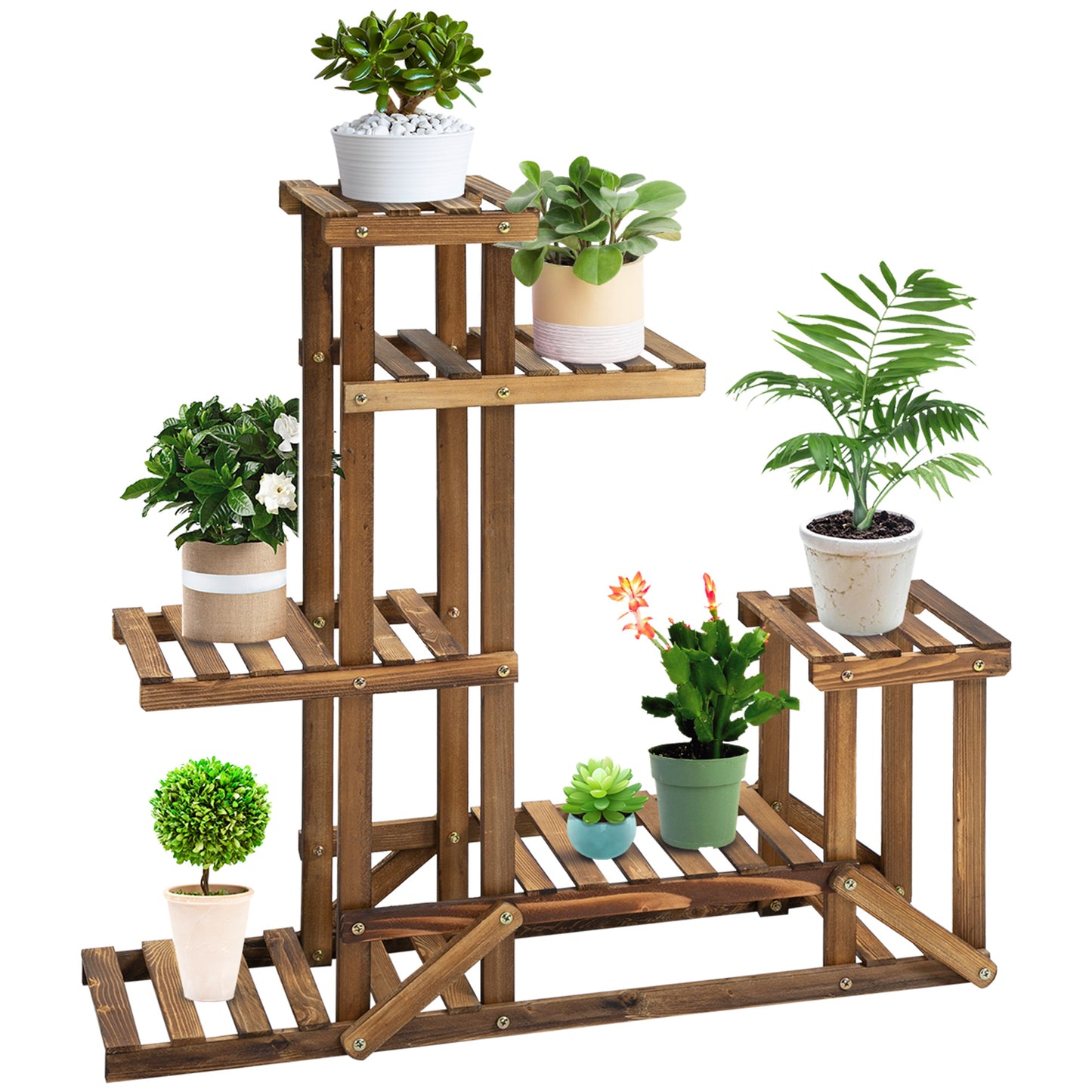 Etajera Suport Plante Asimetrica cu 6 Niveluri pentru Gradina si Casa, din Lemn, 95x28x96.5 cm