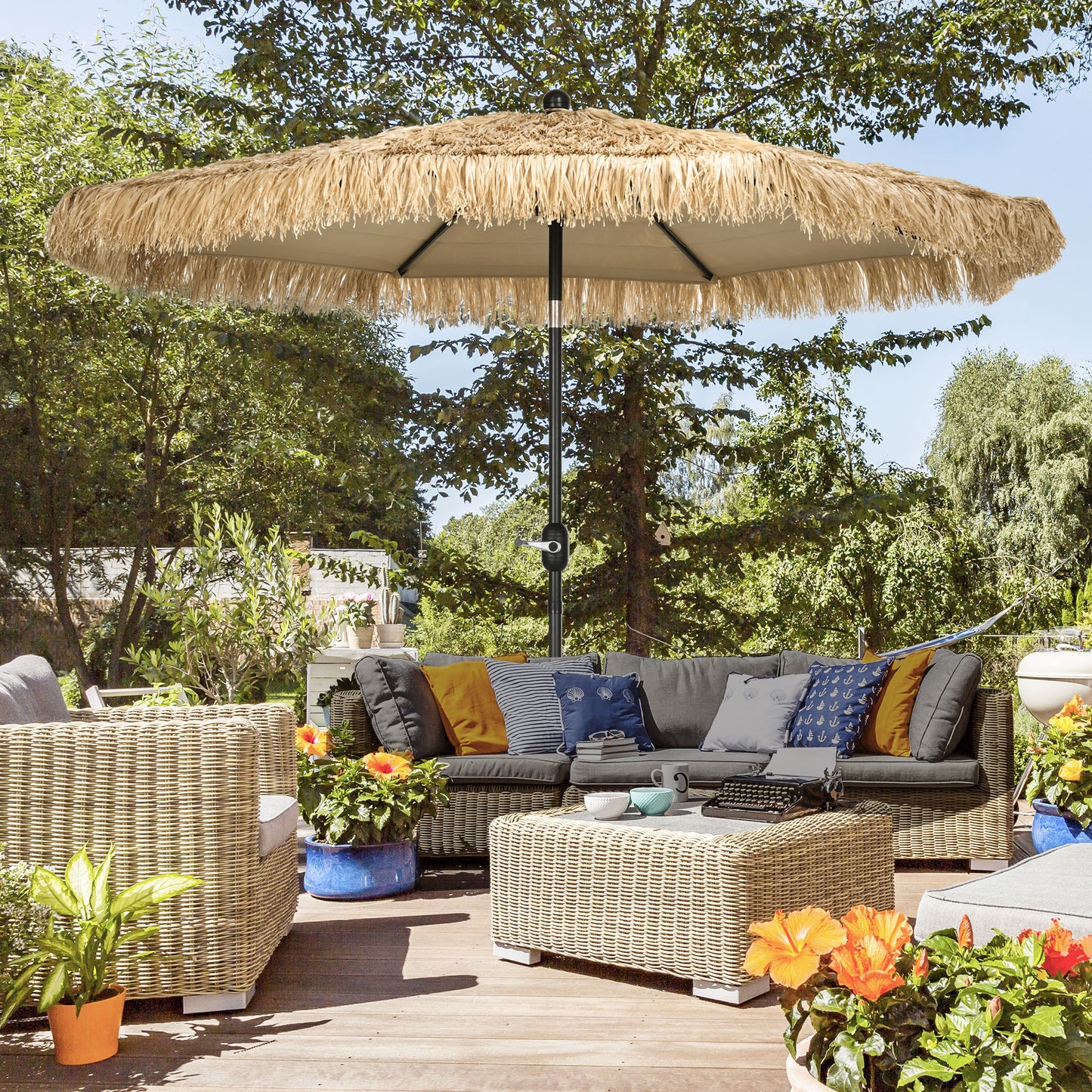 Umbrela pentru gradina cu paie, umbrela rotunda stil Hawai cu manivela, Ø265x250cm, kaki