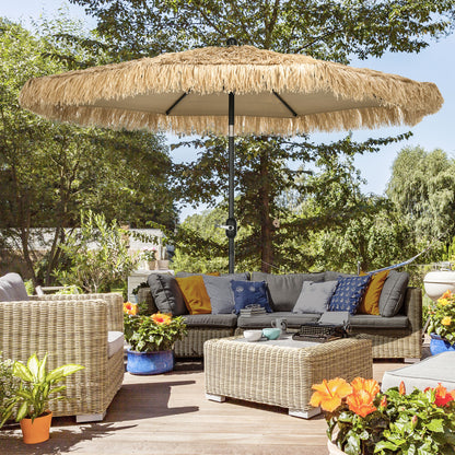 Umbrela pentru gradina cu paie, umbrela rotunda stil Hawai cu manivela, Ø265x250cm, kaki