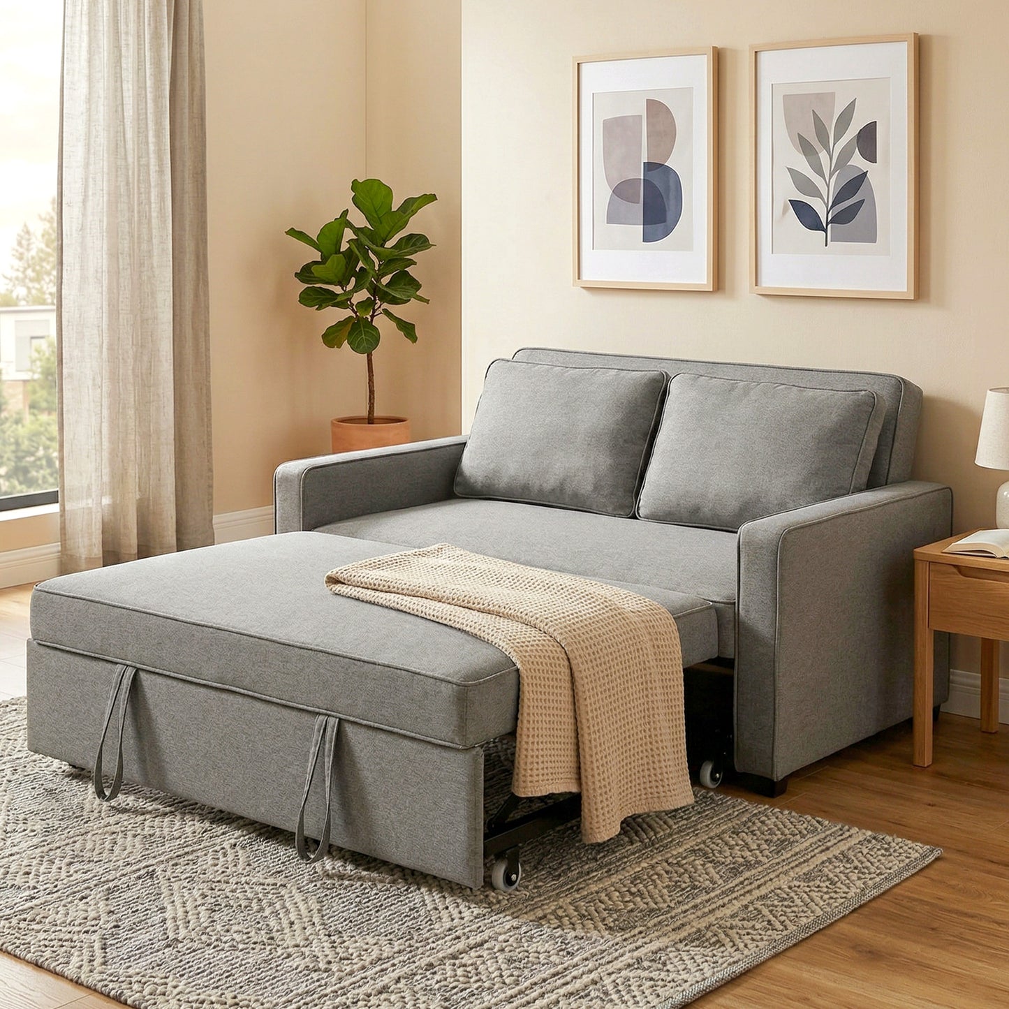 3 în 1 Canapea Extensibilă 2 Locuri cu Spătar Reglabil pe 3 Poziții, 2 Perne, Material Textil Tip In Gri