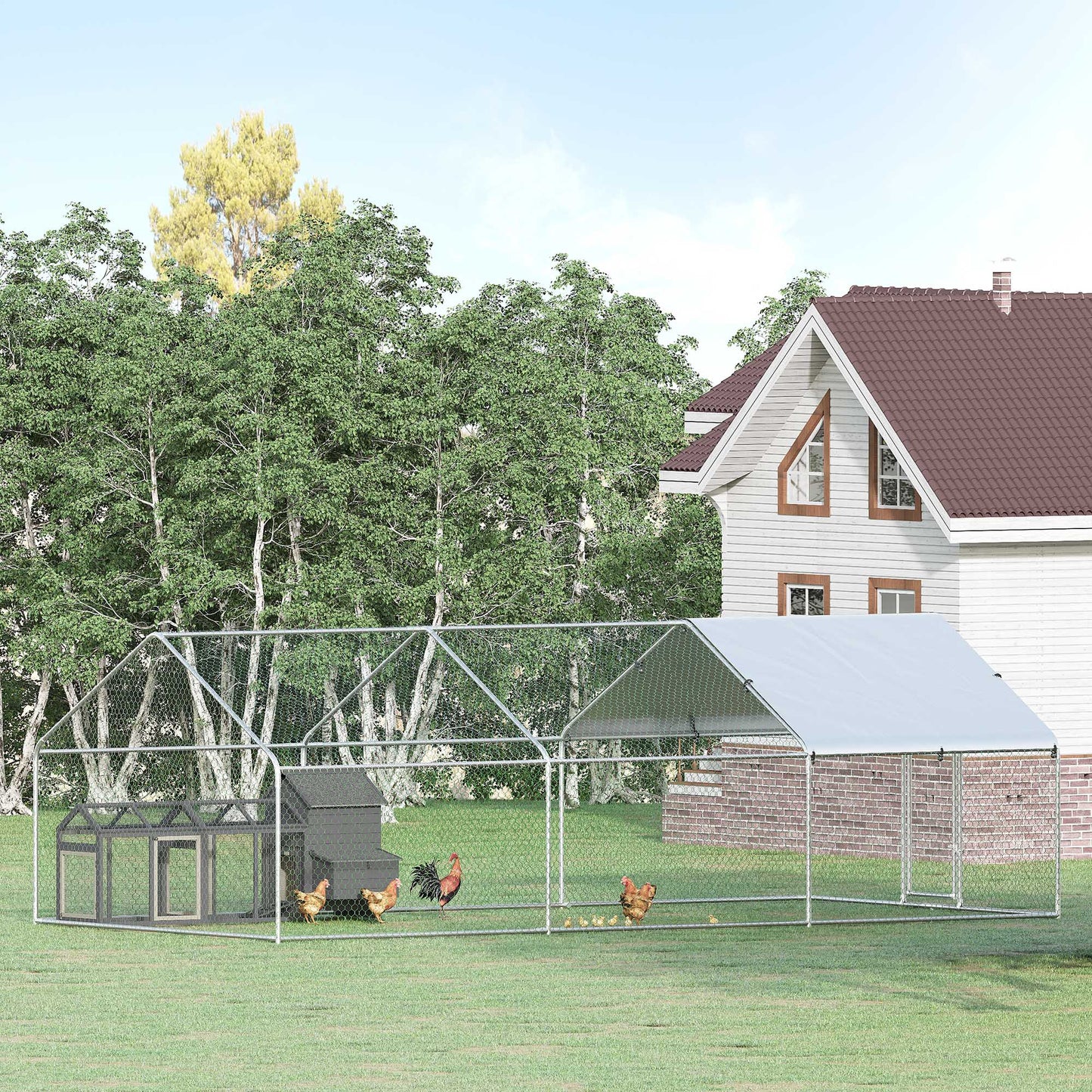 Coteț pentru Găini de Exterior din Metal cu Acoperiș din Material Oxford, 600x303.5x195 cm, Argintiu