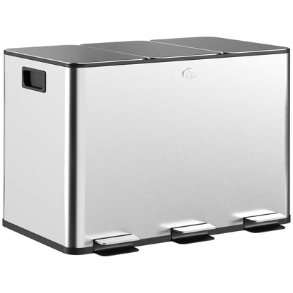 Coș de Gunoi cu 3 Compartimente 10L pentru Bucătărie, Cu Pedale și Capace cu Închidere Silențioasă, Oțel Inoxidabil și PP, 49.6x34.5x38.6 cm, Argintiu