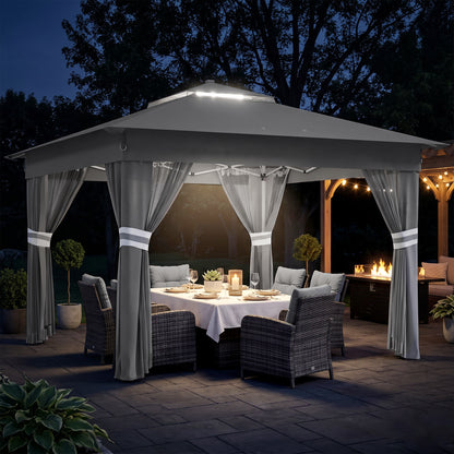 Pavilion de Grădină cu Înălțime Reglabilă și Lumină LED, din Oțel și Țesătură Oxford, 336x336x250-270 cm, Gri