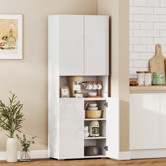 Dulap Bucătărie Înalt 180cm, Mobilier Depozitare cu Uși Soft-Close, Raft Deschis, 2 Dulapuri, Rafturi Ajustabile, Stil Modern pentru Sufragerie sau Bucătărie, Alb Lucios
