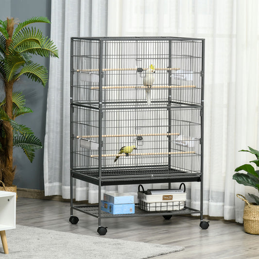 Cusca pentru Pasari de Interior din Otel si Lemn cu Tavă Detasabila, 4 Roți, Trepied si Recipient pentru Alimente, 78x52x132cm, Gri Inchis