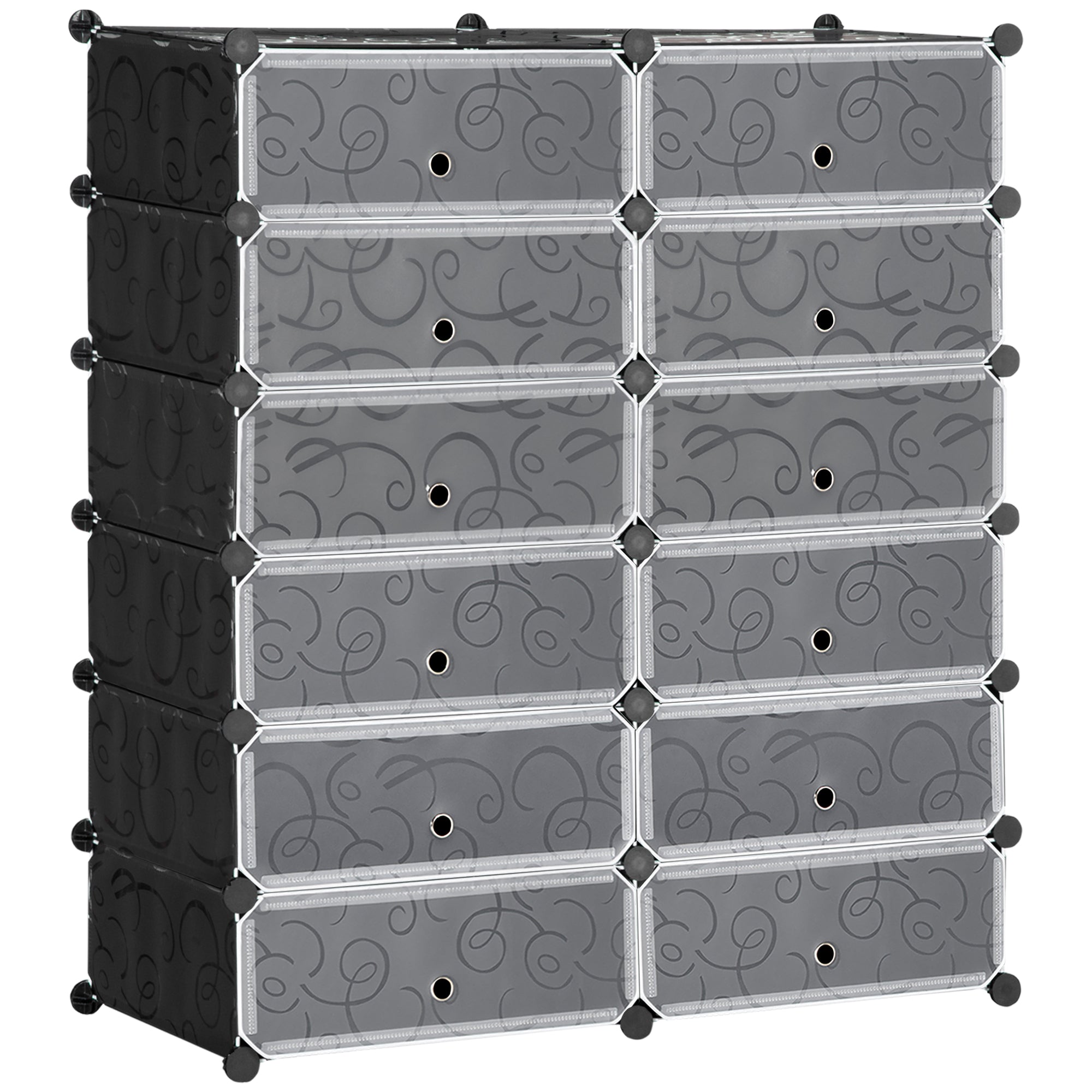 Mobilier pentru incaltaminte modular, 12 cuburi 45x35x16cm din plastic PP si otel, negru si alb