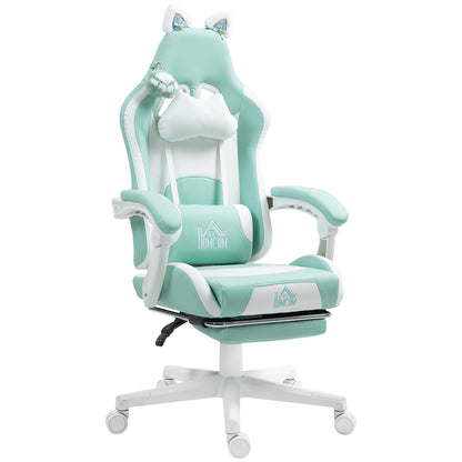 Scaun de Gaming Rabatabil cu Suport pentru Picioare și Perne, din Piele Ecologică și Spumă, 65x62x116-124 cm, Alb și Albastru