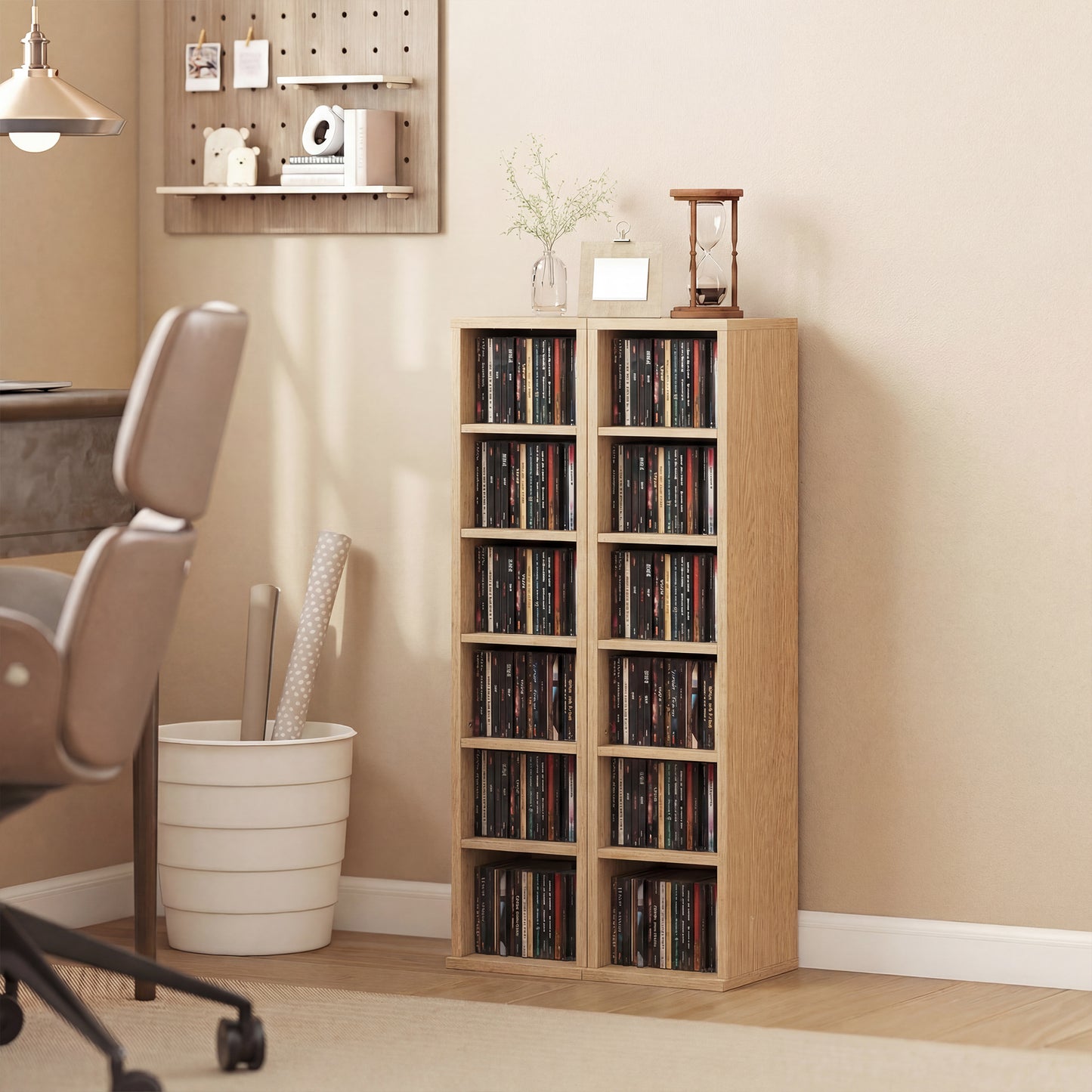 Set 2 Suporturi pentru CD-uri cu 6 Etajere Reglabile pentru 204 CD-uri, din Lemn, 21x22.5x88.5 cm, Culoare Lemn