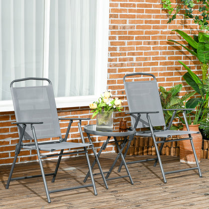 Set de Exterior din 3 Piese cu Masă cu Blat din Sticlă și 2 Scaune Pliabile din Plasă, Ф45x50 cm, Gri Deschis