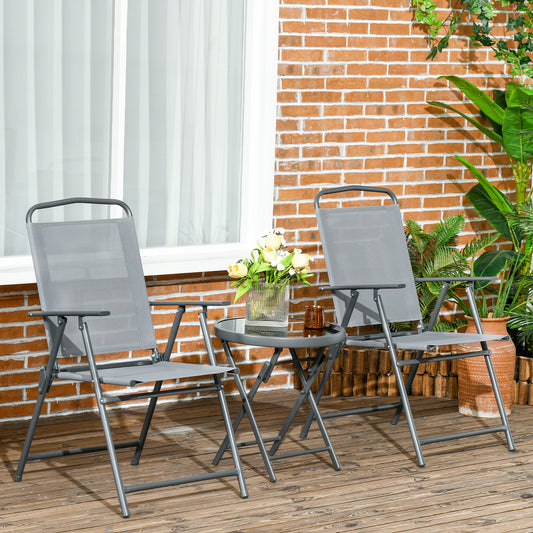 Set de Exterior din 3 Piese cu Masă cu Blat din Sticlă și 2 Scaune Pliabile din Plasă, Ф45x50 cm, Gri Deschis