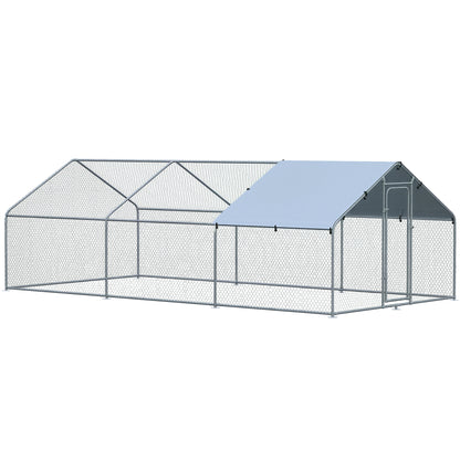 Coteț pentru Găini de Exterior din Metal cu Acoperiș din Material Oxford, 600x303.5x195 cm, Argintiu
