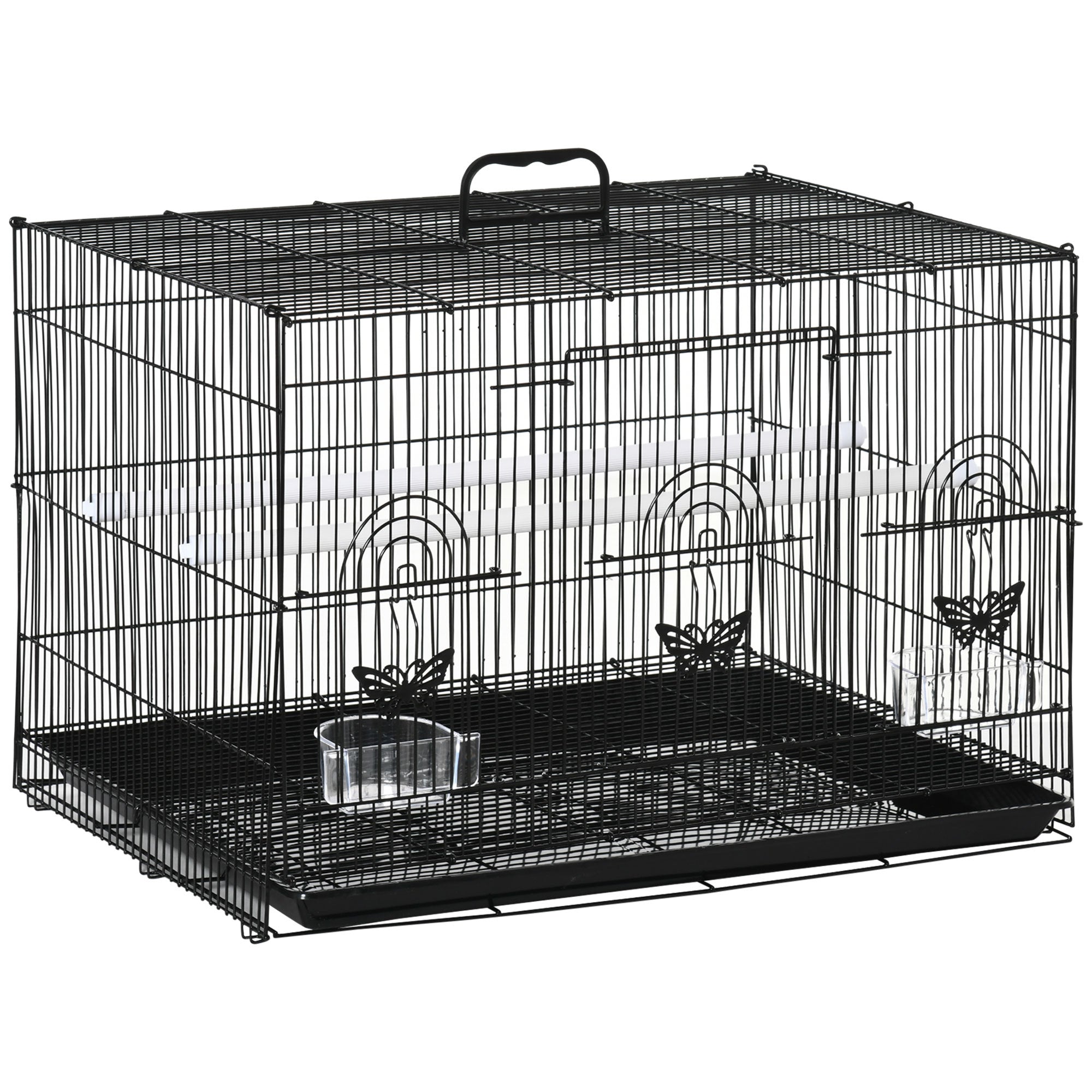 Colivie pentru păsări cu 2 stinghii și 3 intrări, din sârmă metalică și plastic, 60x41x41 cm, negru