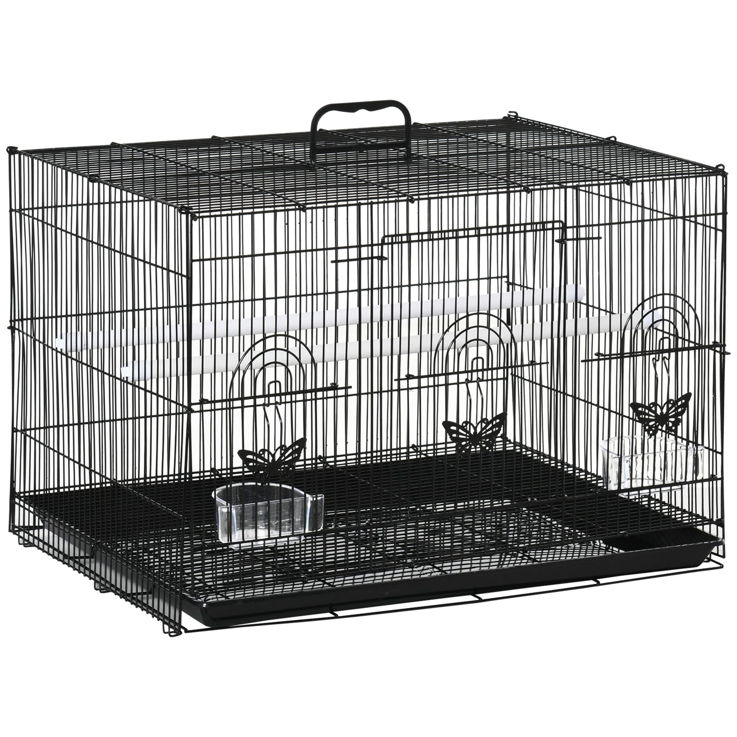 Colivie pentru păsări cu 2 stinghii și 3 intrări, din sârmă metalică și plastic, 60x41x41 cm, negru