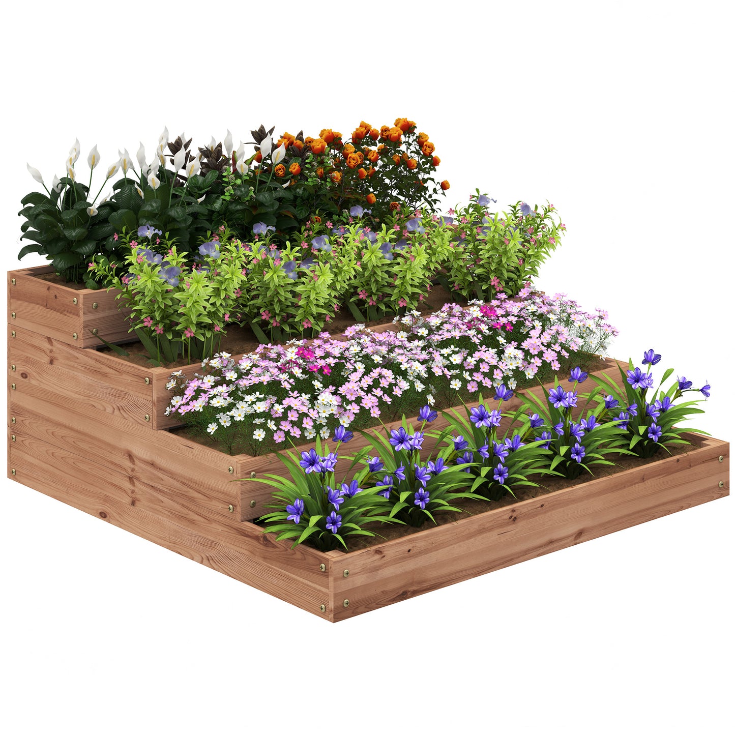 Strat Înălțat de Grădină cu 4 Niveluri, Jardinieră de Balcon cu Bază Deschisă și Căptușeală, 113x113x46 cm, Maro