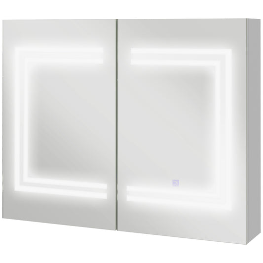 Oglindă Baie cu Dulap și LED, 80 x 65cm, Ușă Soft Close, Reglabilă pe 3 Culori, Rafturi Ajustabile, Alb Lucios