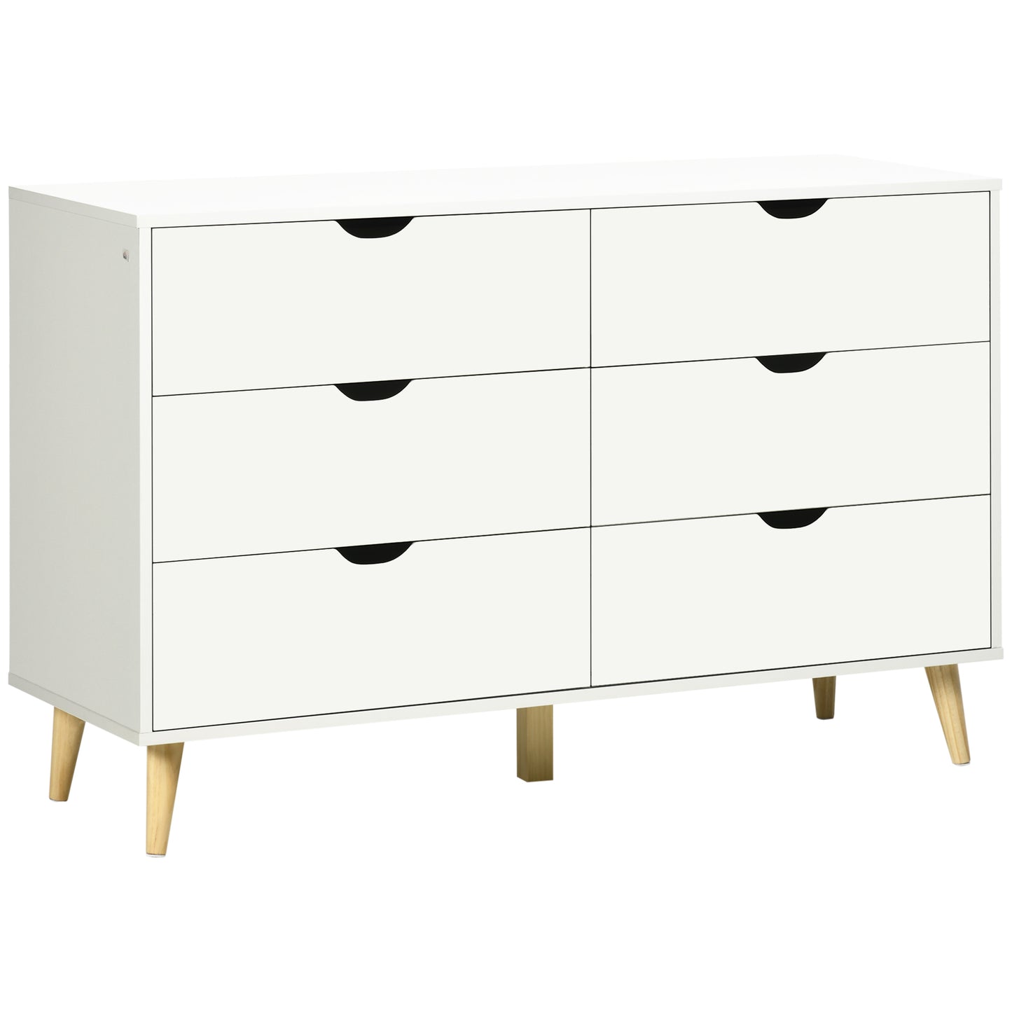 Comodă cu 6 sertare cu mânere laminate, din lemn de pin, 120x40x76 cm, albă și culoare lemn