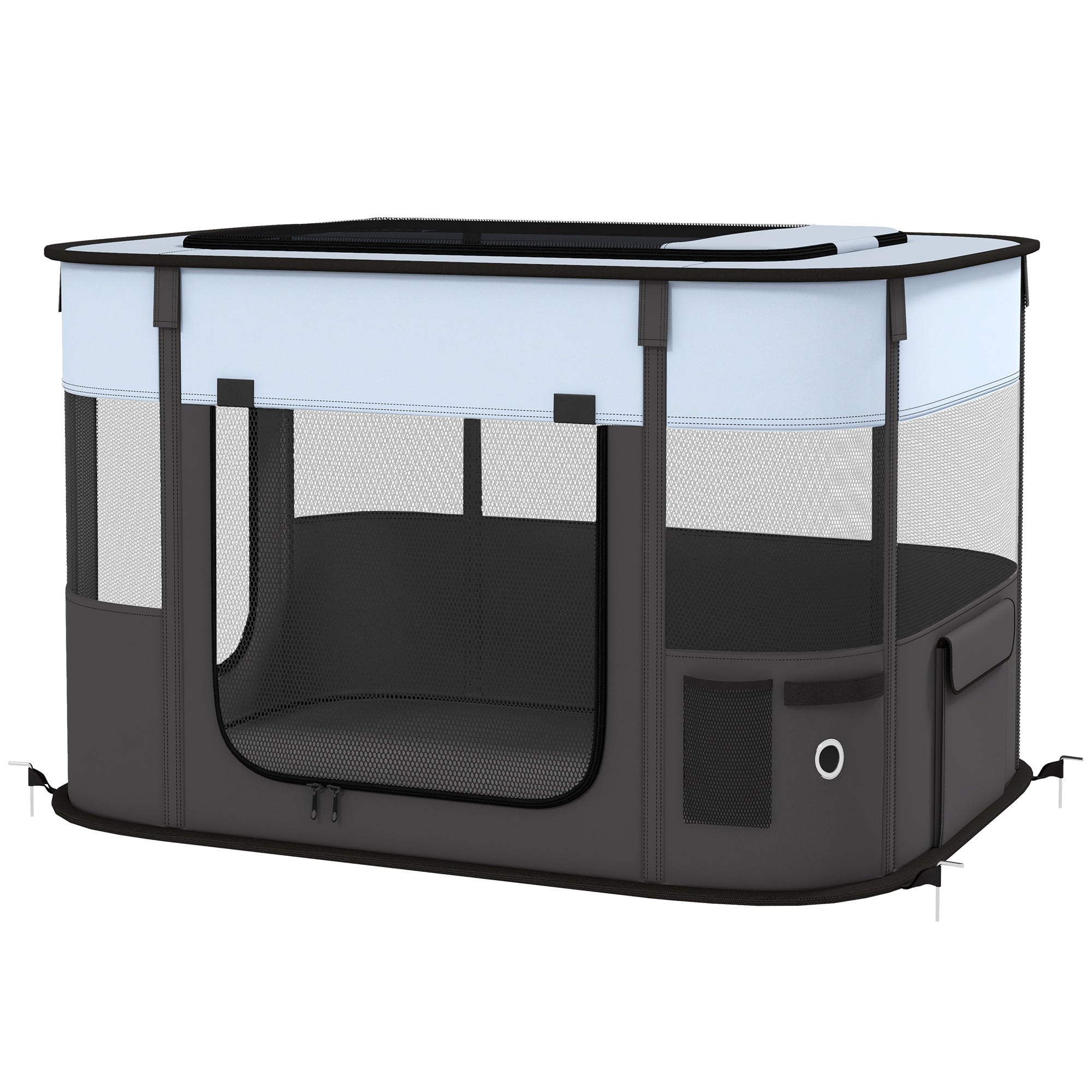 Țarc de Joacă pentru Animale de Companie cu 7 Ferestre, 3 Uși și 2 Pungi de Depozitare, Gard pentru Câini din Țesătură și Oțel Oxford, 84x64x53 cm, Negru