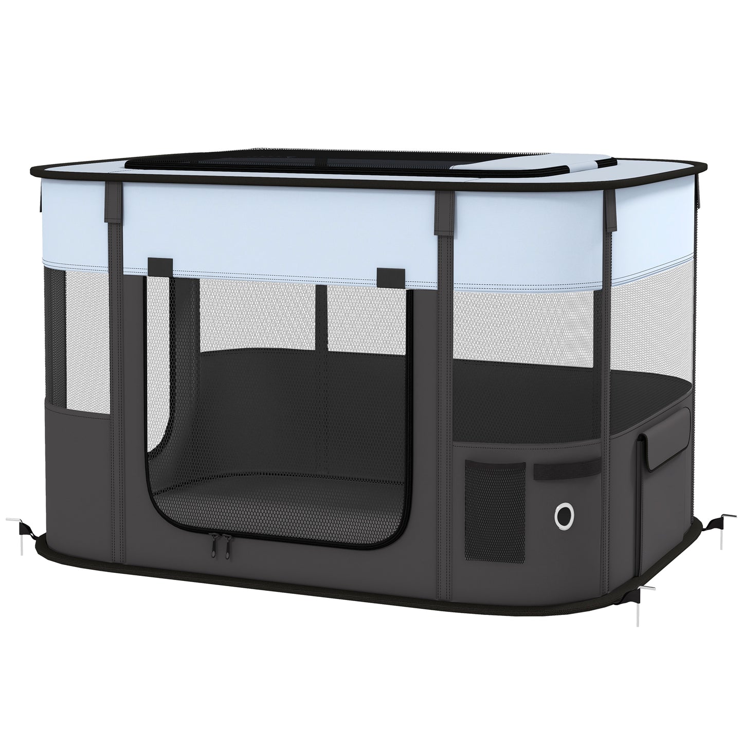 Țarc de Joacă pentru Animale de Companie cu 7 Ferestre, 3 Uși și 2 Pungi de Depozitare, Gard pentru Câini din Țesătură și Oțel Oxford, 84x64x53 cm, Negru