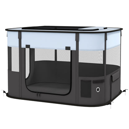 Țarc de Joacă pentru Animale de Companie cu 7 Ferestre, 3 Uși și 2 Pungi de Depozitare, Gard pentru Câini din Țesătură și Oțel Oxford, 84x64x53 cm, Negru