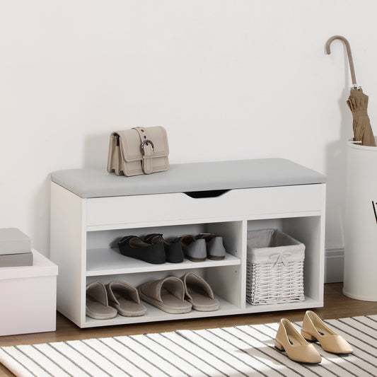 Pantofar cu Bancă de Depozitare, Dulap pentru Pantofi Space Saver cu Compartimente Deschise, Șezut Tapițat, Alb
