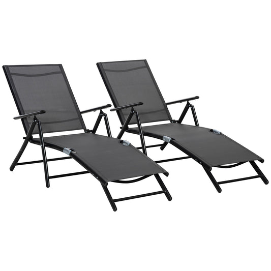 Set 2 Sezloguri de Gradina Pliabile cu Spatar Reglabil in 7 Pozitii, din Aluminiu si Plasa Respirabila, 64x134x95cm, Negru