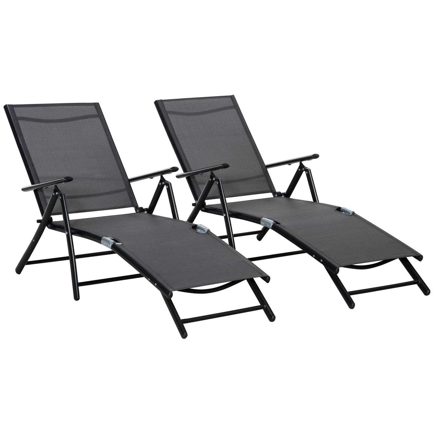 Set 2 Sezloguri de Gradina Pliabile cu Spatar Reglabil in 7 Pozitii, din Aluminiu si Plasa Respirabila, 64x134x95cm, Negru