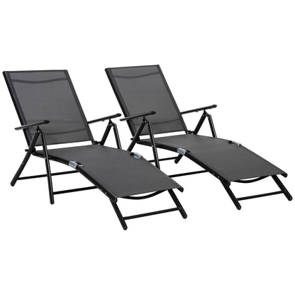Set 2 Sezloguri de Gradina Pliabile cu Spatar Reglabil in 7 Pozitii, din Aluminiu si Plasa Respirabila, 64x134x95cm, Negru