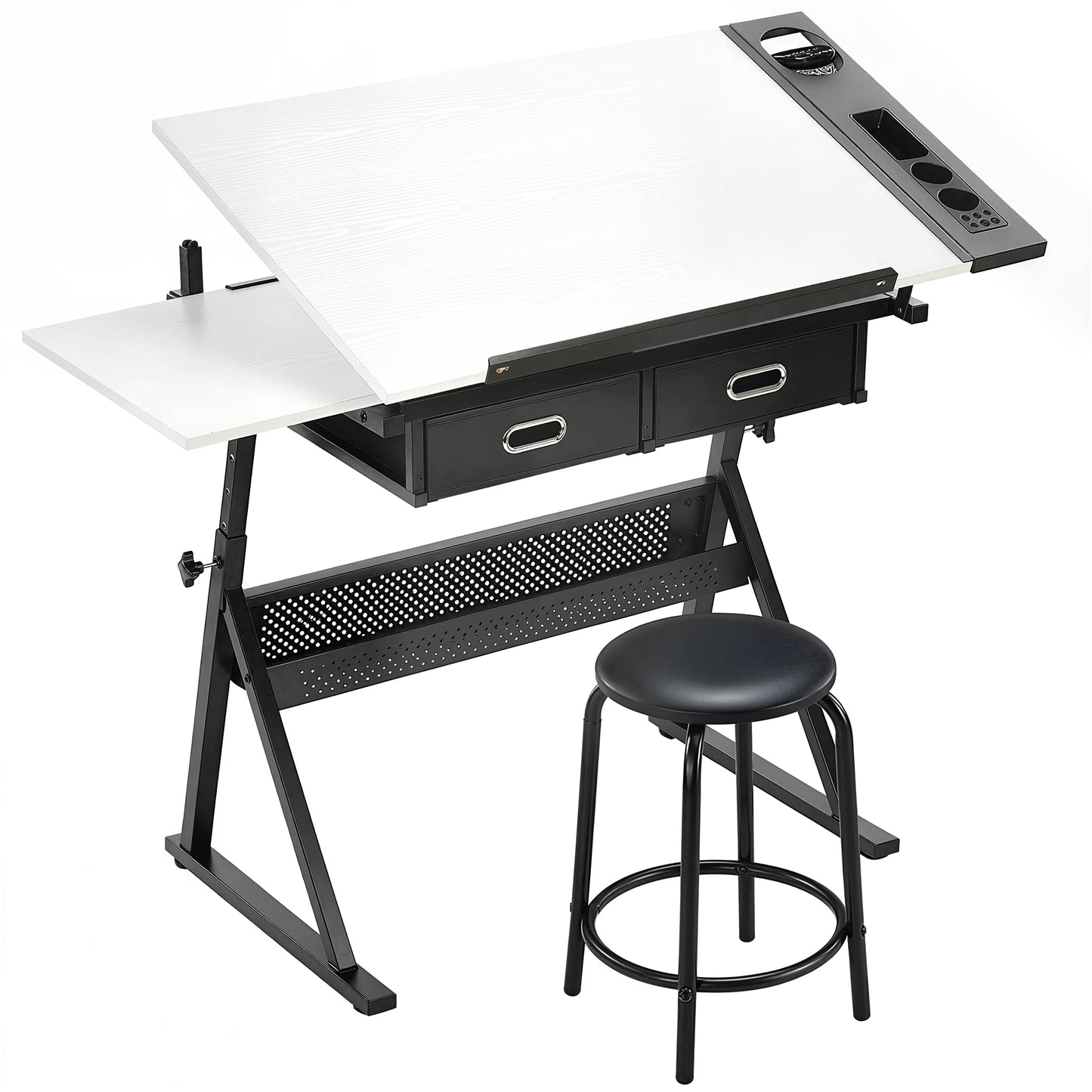 Masă de desen cu taburet și 2 sertare, înălțime reglabilă, blat înclinabil 0° à 60°, 120 x 60 x 68-92 cm, alb