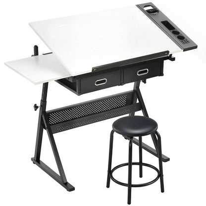 Masă de desen cu taburet și 2 sertare, înălțime reglabilă, blat înclinabil 0° à 60°, 120 x 60 x 68-92 cm, alb