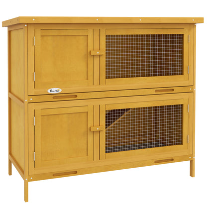 Cușcă pentru Iepuri cu 2 Niveluri din Lemn de Brad și Bitum cu Rampă, 2 Tăvi Detasabile, 4 Uși, 97x44x91 cm, Galben
