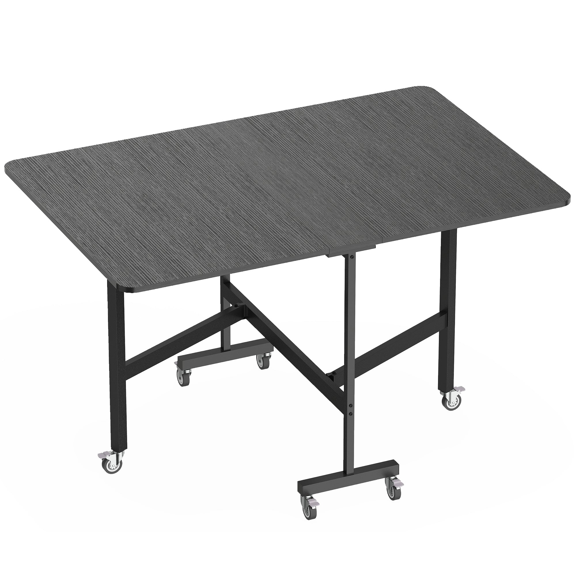 Masă pliabilă pentru 4-6 persoane, cu 2 extensii și roți cu frâne, 120x80x73 cm, negru cu efect de lemn