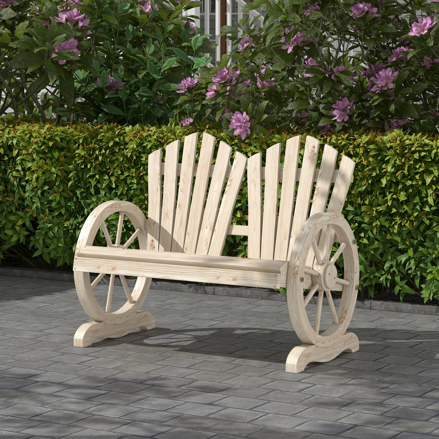 Bancă de Grădină cu 2 Locuri, Cotiere în Formă de Roată, Bancă de Exterior din Lemn de Brad, pentru Terasă, Patio și Curte, 108x66x95 cm, Culoare Lemn