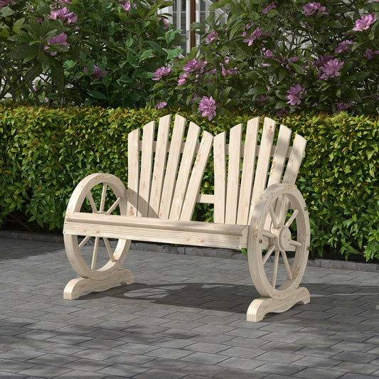 Bancă de Grădină cu 2 Locuri, Cotiere în Formă de Roată, Bancă de Exterior din Lemn de Brad, pentru Terasă, Patio și Curte, 108x66x95 cm, Culoare Lemn