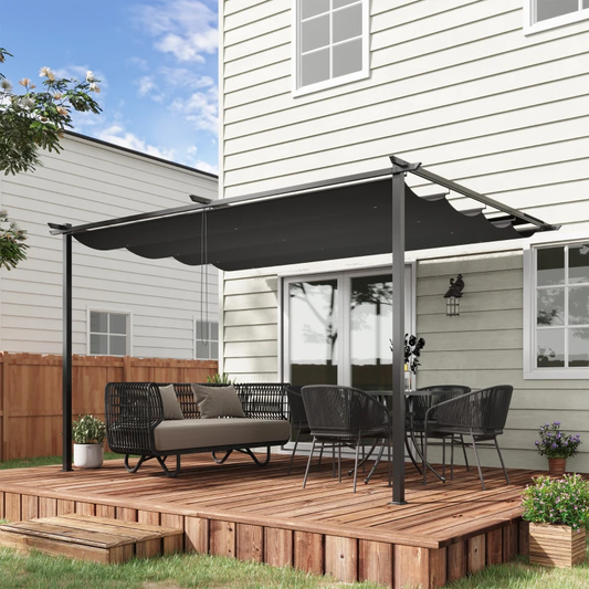 Foisor tip pergola din otel si poliester cu acoperis de protectie culisant, suruburi si carlige incluse, 390x290x220 cm, gri