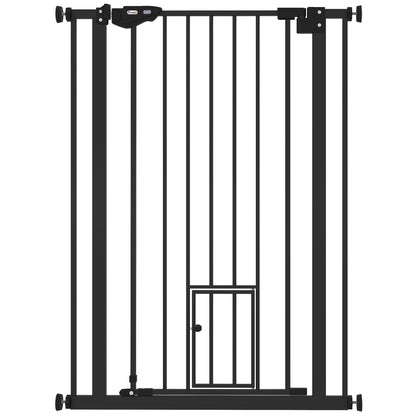 Poartă Reglabilă pentru Câini, Înaltă, cu Ușiță Mică și Închidere Automată, 74-80x104 cm, Negru